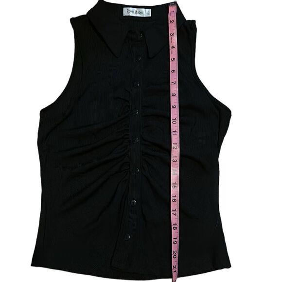 Roommates Ruched Collared Black Button Up Tank Top Shirt Blouse Large L NWT - Picture 8 of 8